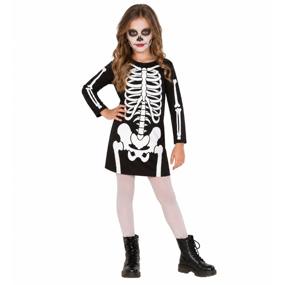 Costume Vestito Abito Travestimento Carnevale Halloween Bambina Scheletro Bianco - 0036