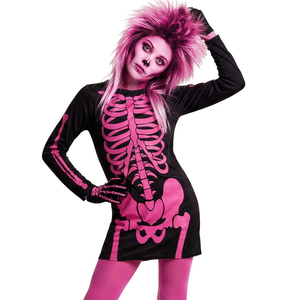 Costume Vestito Abito Travestimento Carnevale Halloween Bambina Scheletro Rosa - 0037