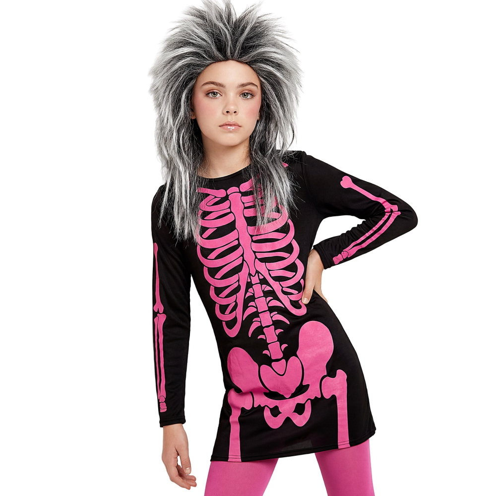 Costume Vestito Abito Travestimento Carnevale Halloween Bambina Scheletro Rosa - 0037