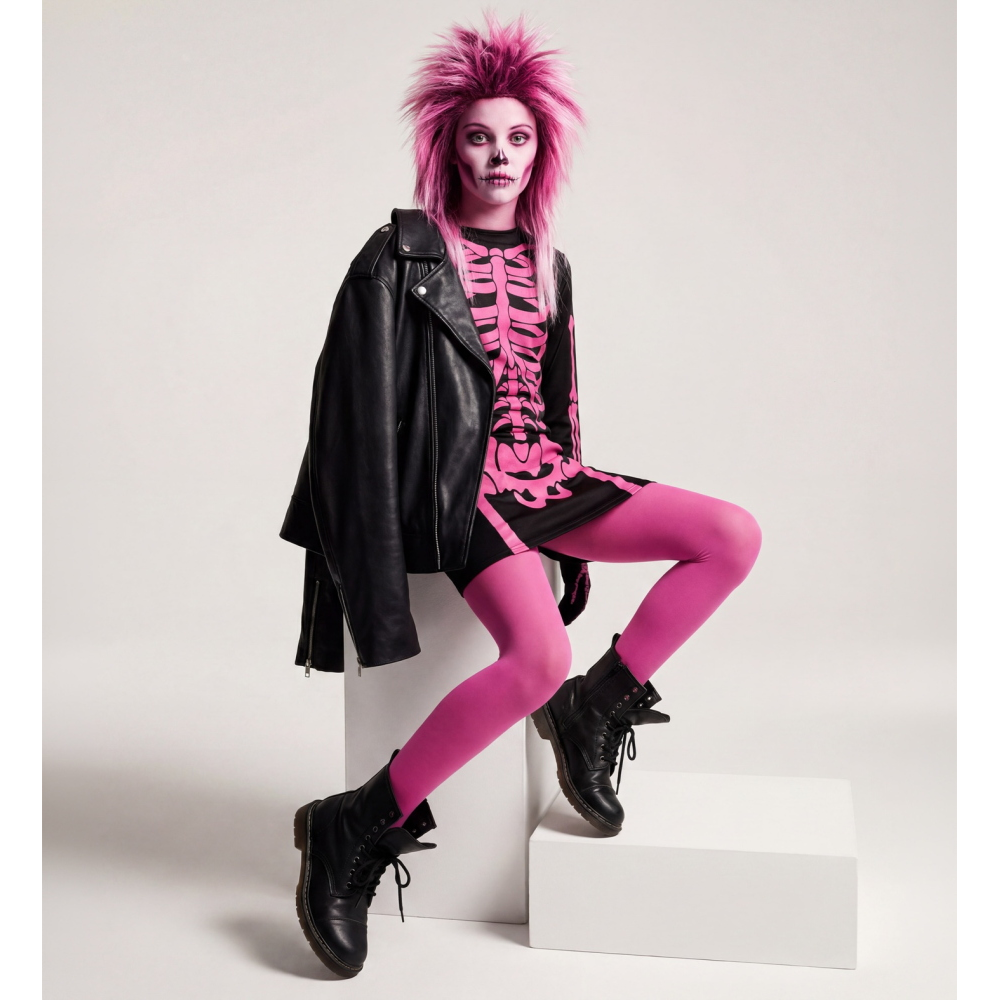 Costume Vestito Abito Travestimento Carnevale Halloween Bambina Scheletro Rosa - 0037