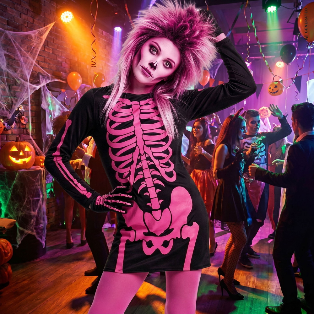 Costume Vestito Abito Travestimento Carnevale Halloween Bambina Scheletro Rosa - 0037
