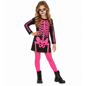Costume Vestito Abito Travestimento Carnevale Halloween Bambina Scheletro Rosa - 0037