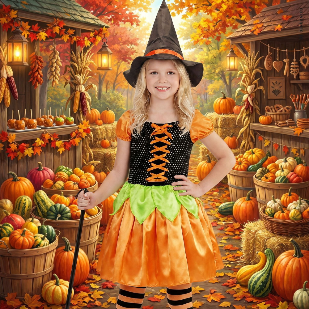 Costume Vestito Abito Travestimento Carnevale Halloween Bambina Strega Zucca Paillettes - 4904