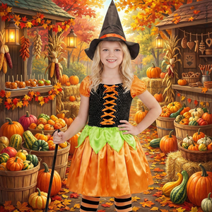 Costume Vestito Abito Travestimento Carnevale Halloween Bambina Strega Zucca Paillettes - 4904
