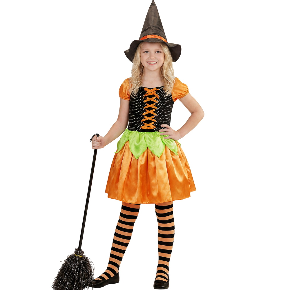 Costume Vestito Abito Travestimento Carnevale Halloween Bambina Strega Zucca Paillettes - 4904