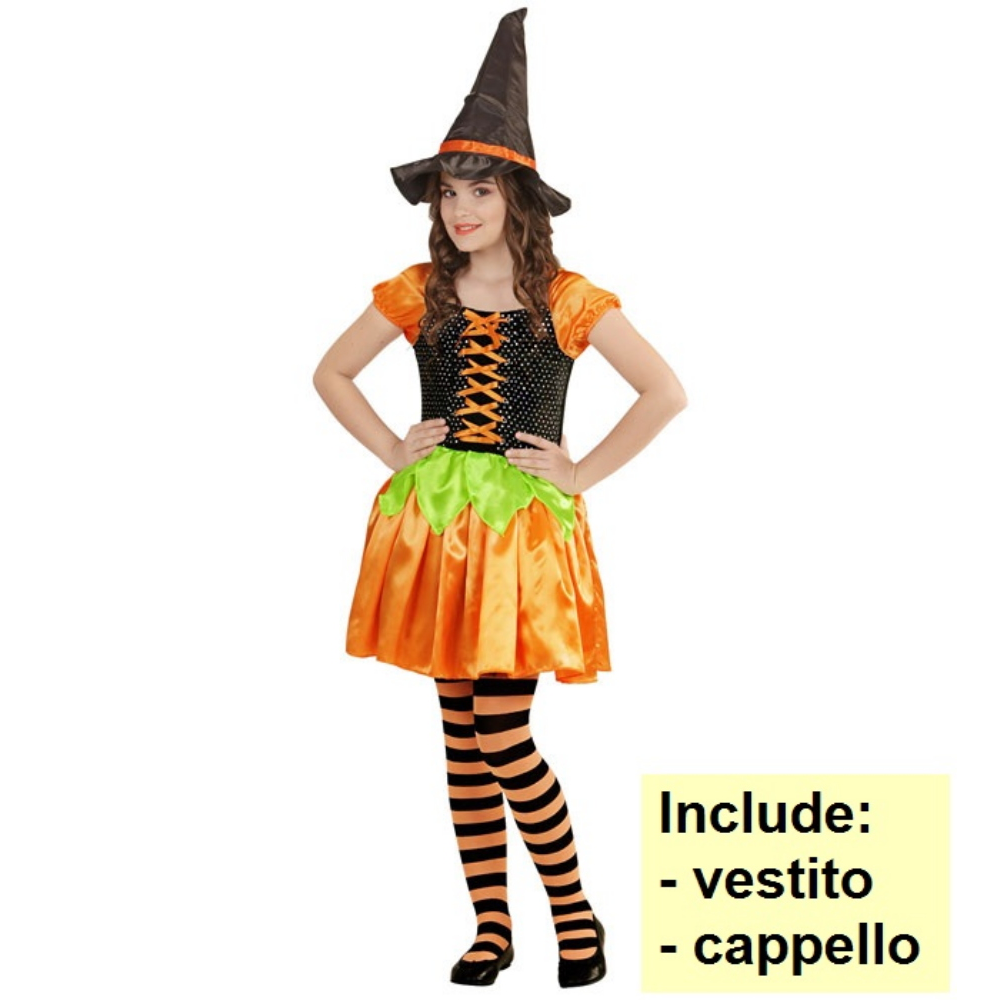 Costume Vestito Abito Travestimento Carnevale Halloween Bambina Strega Zucca Paillettes - 4904
