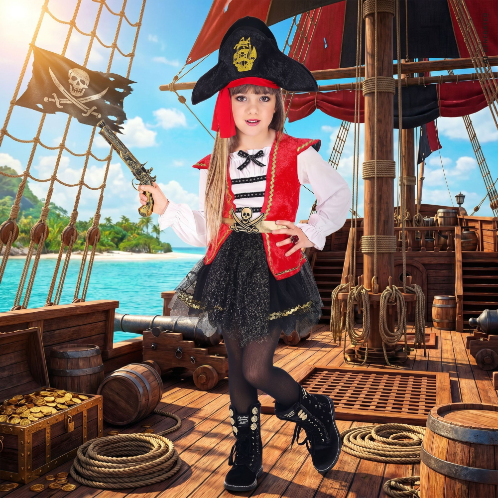 Costume Vestito Abito Travestimento Carnevale Halloween Cosplay Bambina Capitano Pirata - 0698