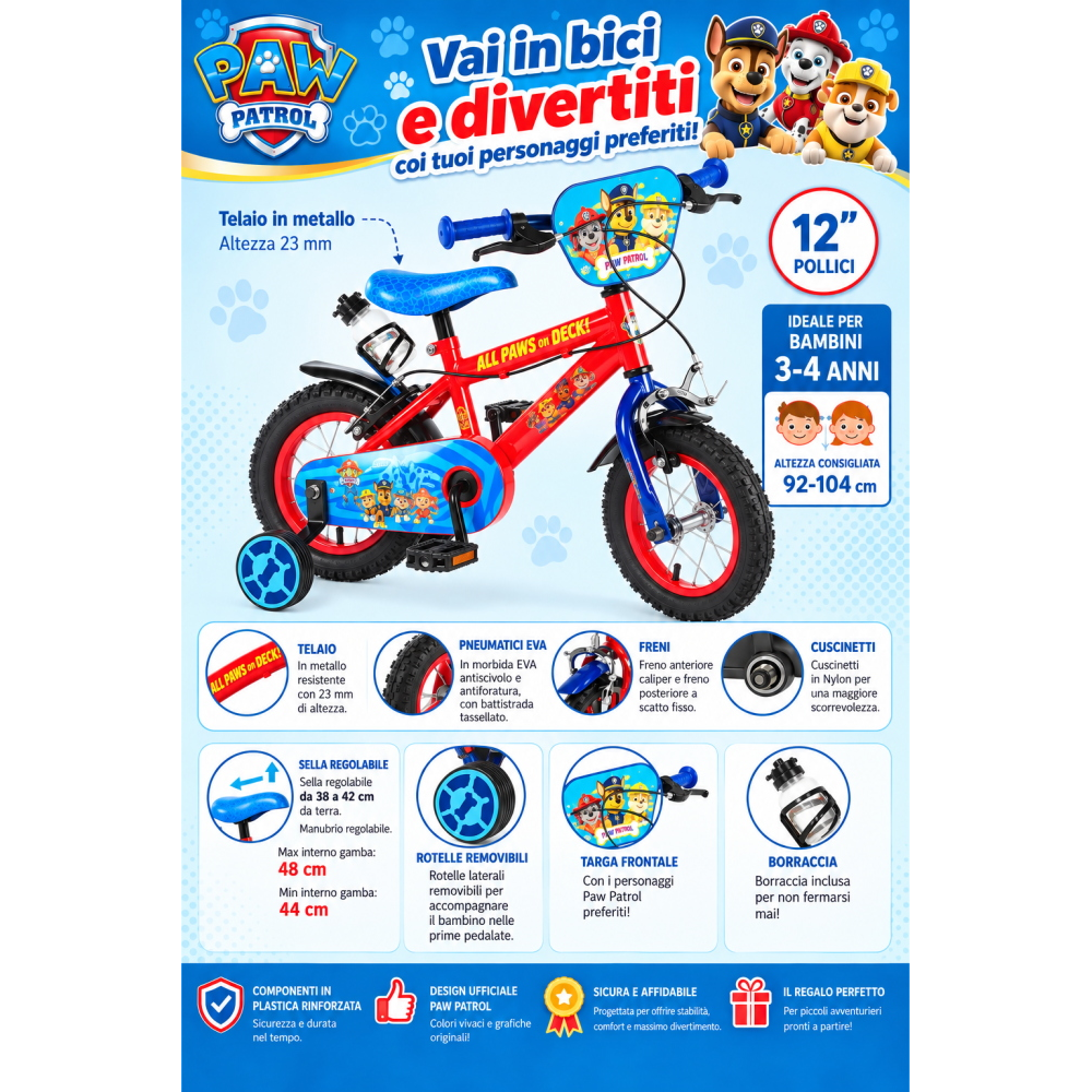 Bicicletta Paw Patrol 12" Età 3/4 Anni Bici con Rotelle - 34587