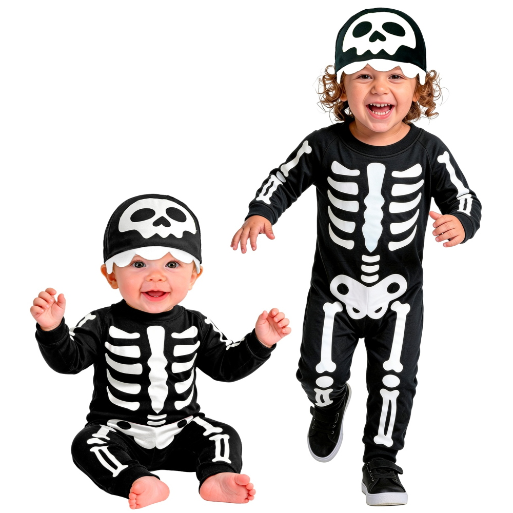Costume Scheletro Tuta e Copricapo Travestimento Halloween Carnevale Cosplay - 9334