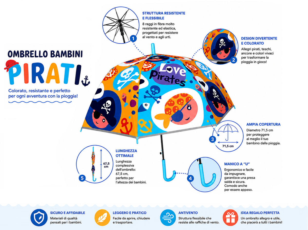 Ombrello Manuale Pirati - 18" 8 Raggi - Bambino - Kl10565