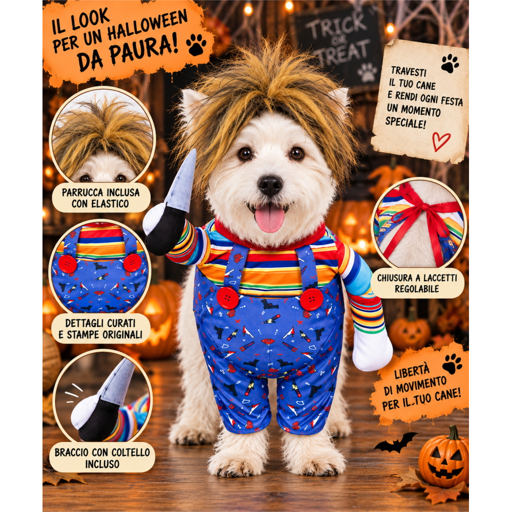 Travestimento da Bambola Diabolica per Cani Ispirato a Chucky per Taglia Piccola e Media Tuta e Parrucca - 7690