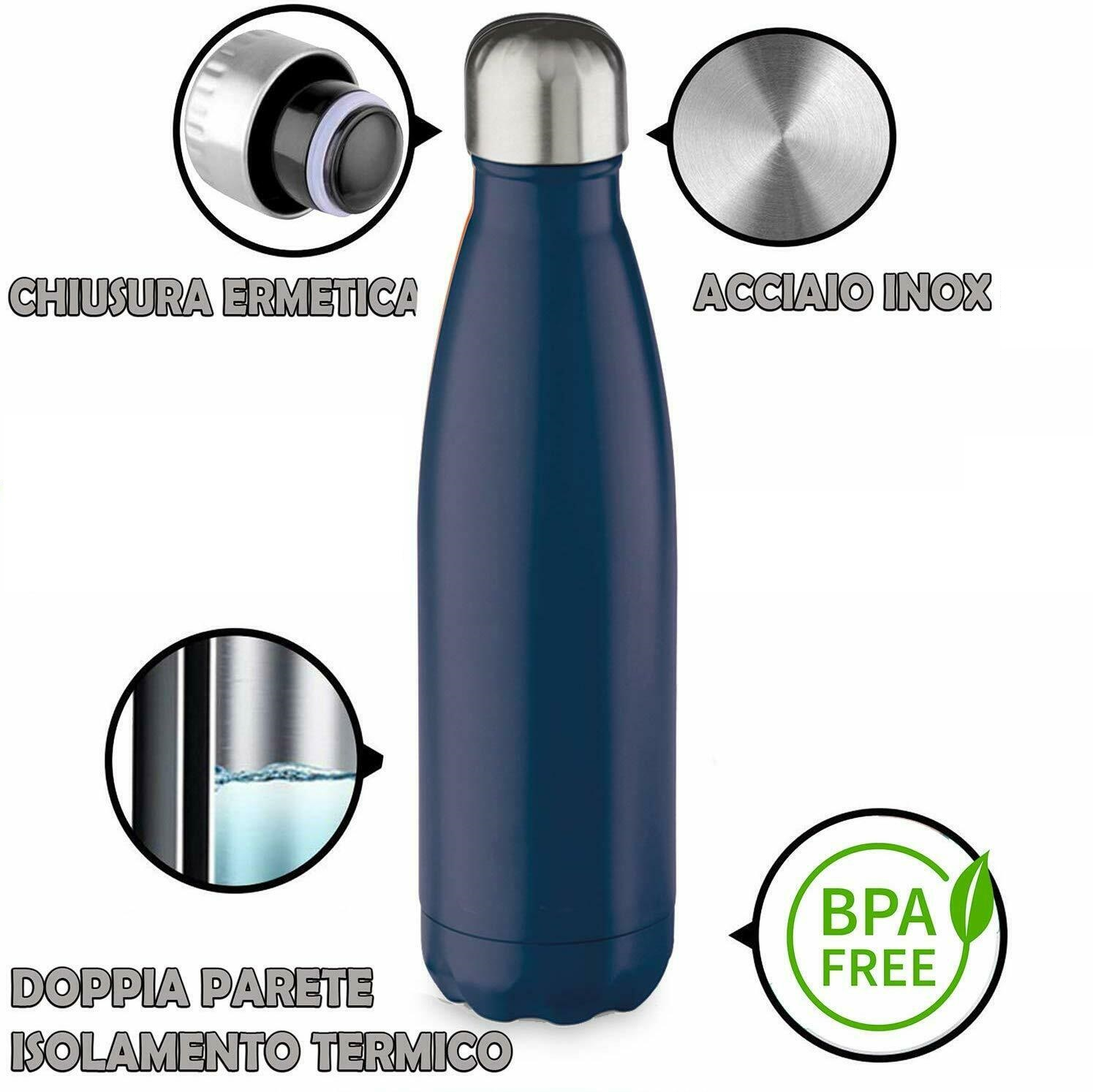 Bottiglia in Acciaio Inox 18/10 Thermos Doppia Parete - Beccuccio Stile Pet Colorata 500 Ml. - Mpas01/8
