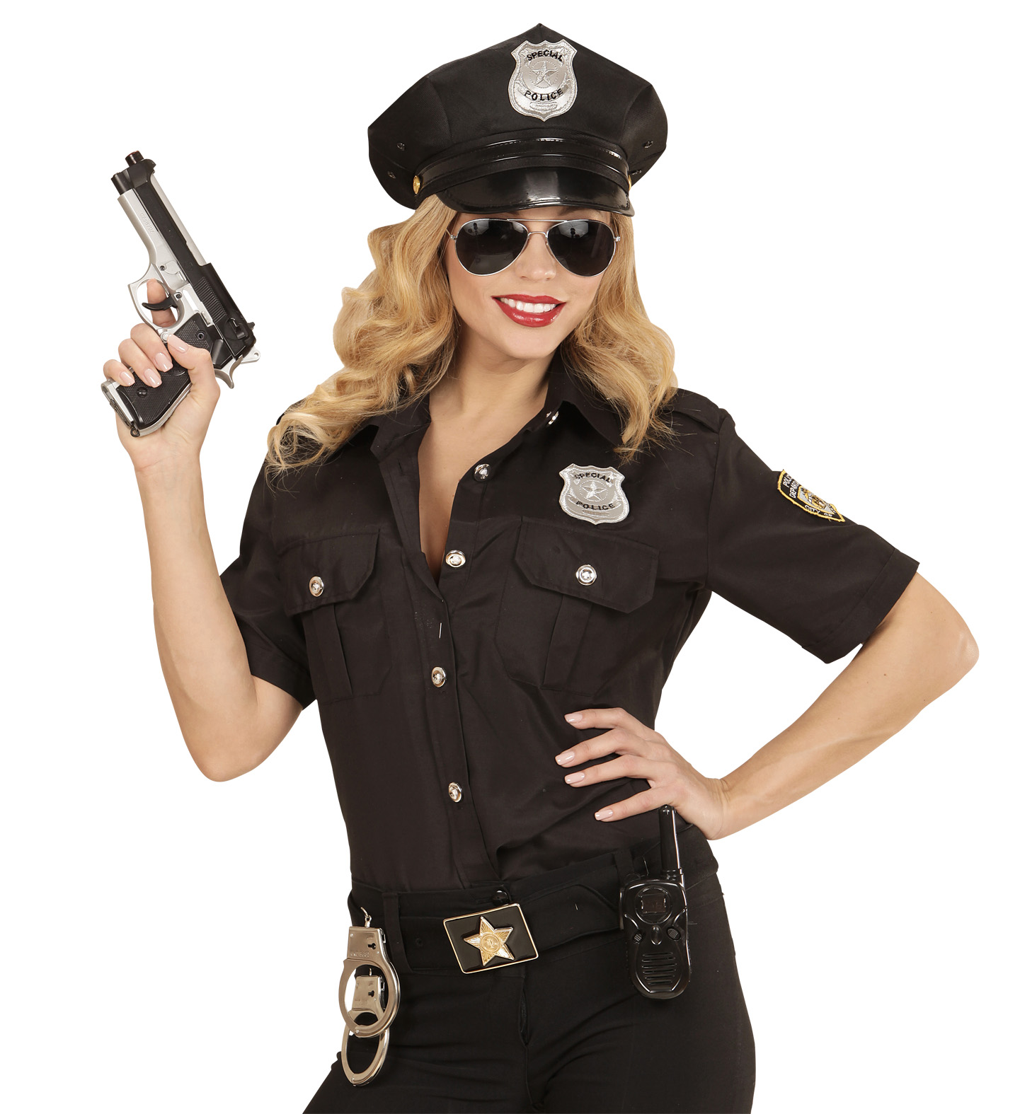 Vestito Carnevale + Accessori Poliziotta Vestito Pistola Calze Cappello Occhiali Tg S Travestimento - 0508 Adulto+2775p+4750r+95719