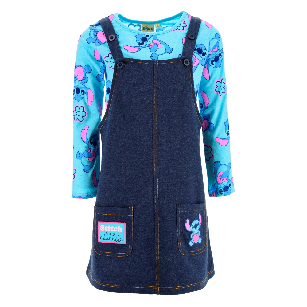 Completo Bambina Stitch DISNEY T-Shirt Manica Lunga Salopette Denim - Zh10267