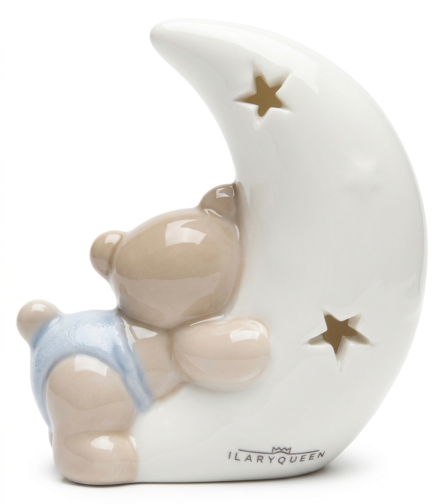 Bomboniera Statuina Orsetto Sulla Luna in Porcellana H 6,5 CM Ilary Queen - Iq3357