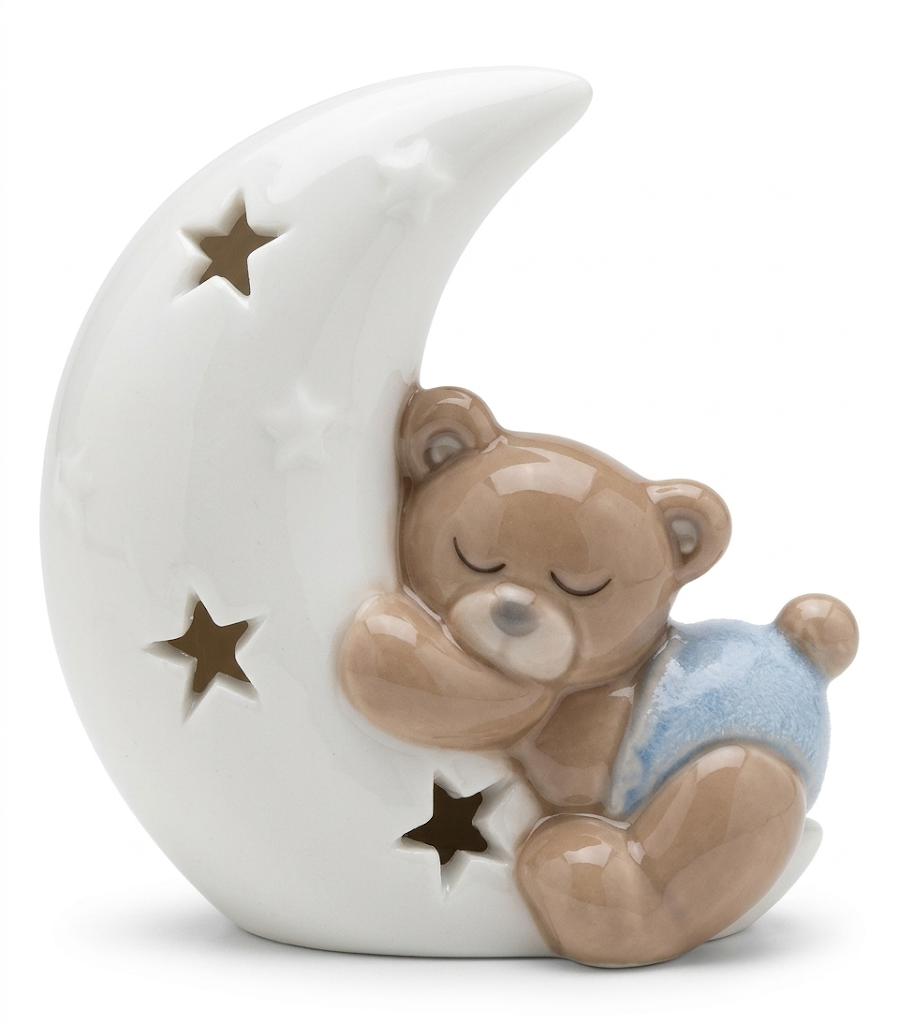 Bomboniera Statuina Orsetto Sulla Luna in Porcellana H 6,5 CM Ilary Queen - Iq3357