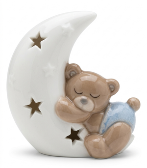 Bomboniera Statuina Orsetto Sulla Luna in Porcellana H 6,5 CM Ilary Queen - Iq3357