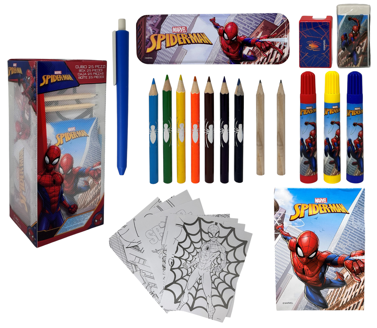 Cubo Cancelleria Spiderman MARVEL Confezione 25 Pezzi Kit per Disegnare e Colorare - Sp0583