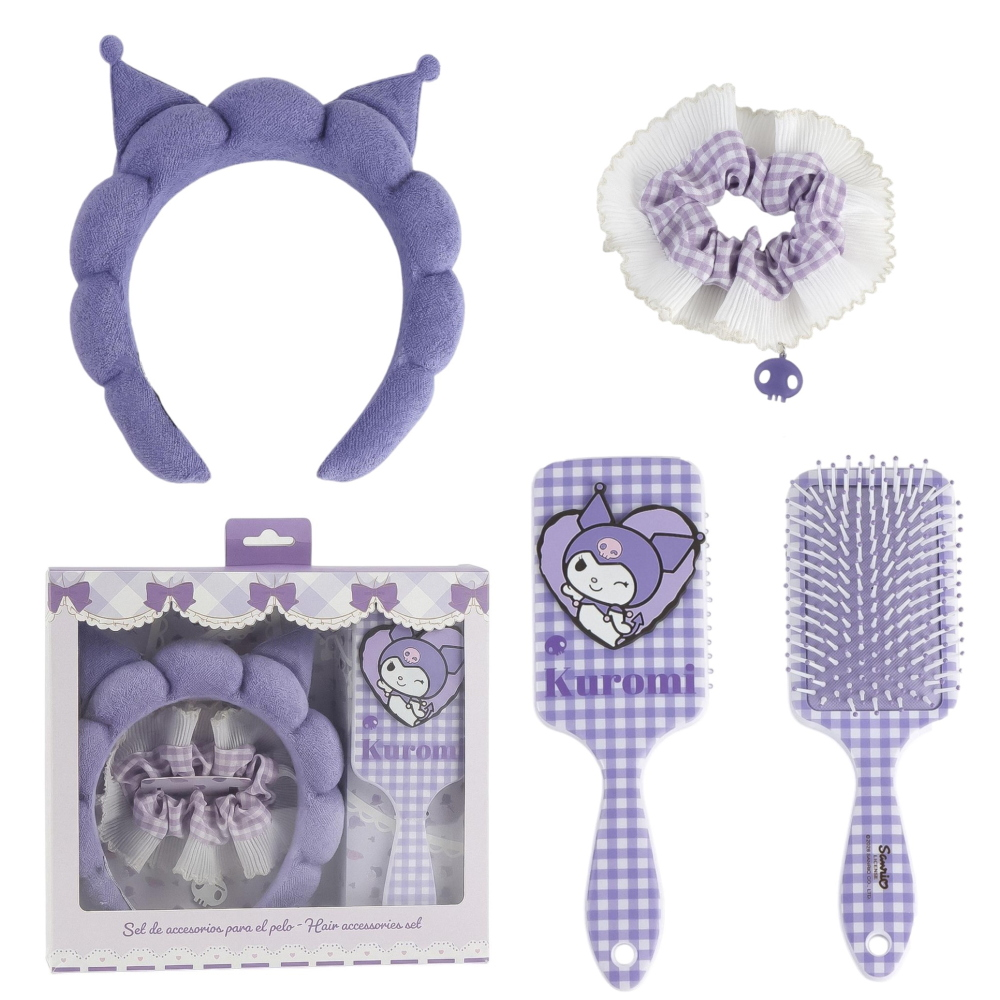 Set Accessori per la Cura Personale Kuromi Sanrio Spazzola Cerchietto Scrunchie - 4117