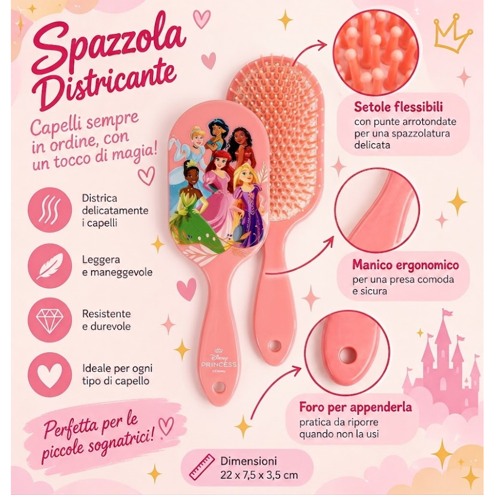 Spazzola Principesse DISNEY Districante per Capelli 22 CM con Setole Morbide - 3088