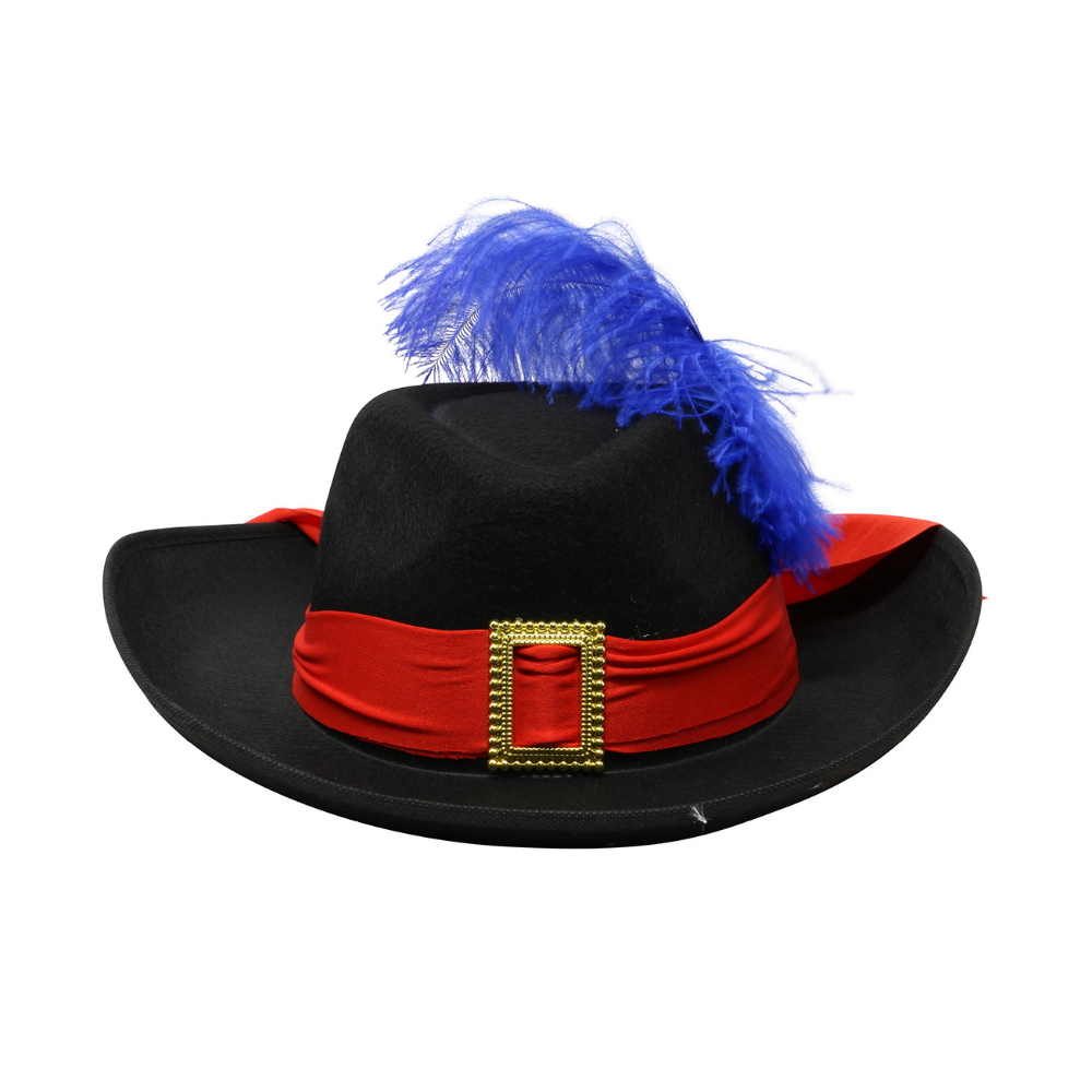 Cappello Nero da Moschettiere con Piuma in Feltro Accessorio Travestimento Carnevale Cosplay Adulto - 13544