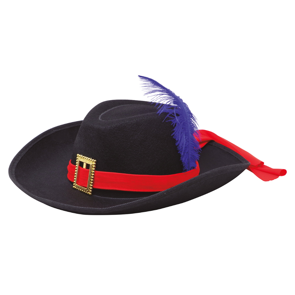 Cappello Nero da Moschettiere con Piuma in Feltro Accessorio Travestimento Carnevale Cosplay Adulto - 13544