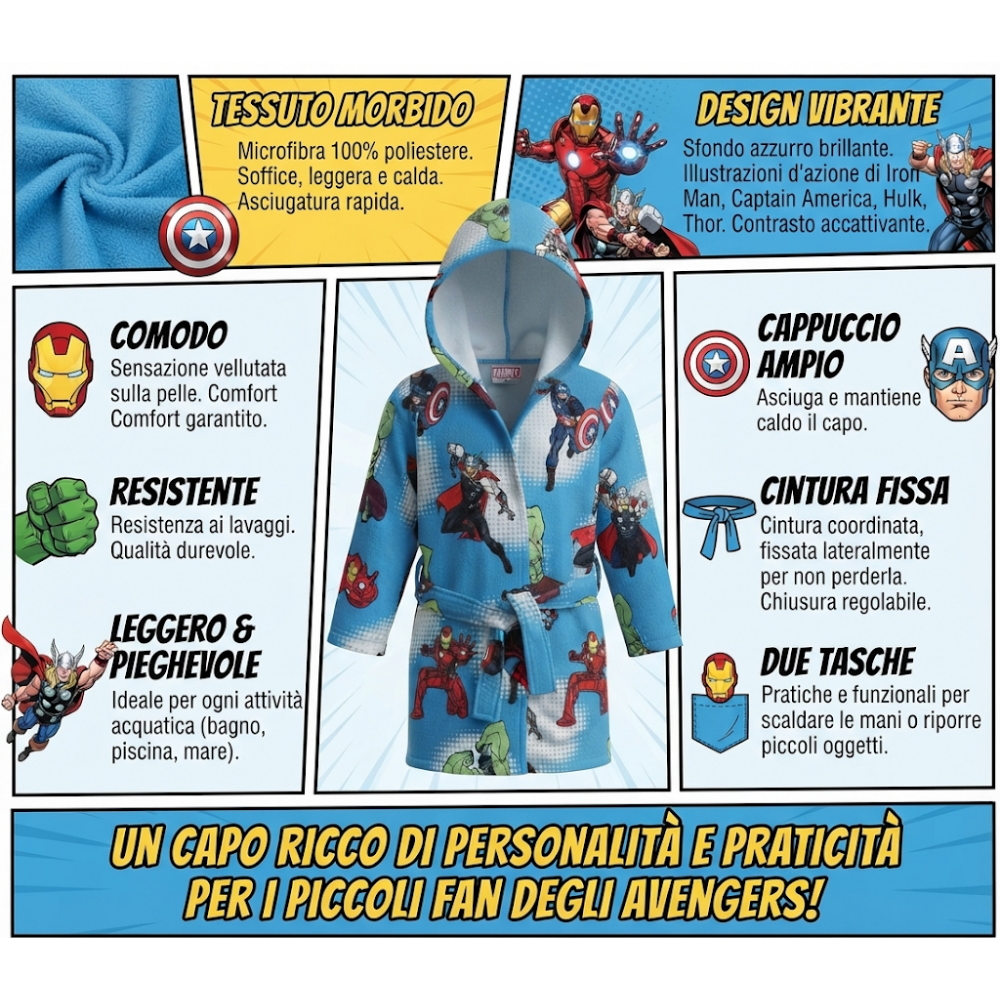 Accappatoio in Microfibra 100% Poliestere Avengers MARVEL Accappatoio con Cappuccio e Cintura - X-9956
