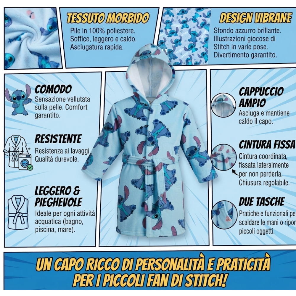 Accappatoio in Microfibra 100% Poliestere Stitch DISNEY Accappatoio con Cappuccio e Cintura - X-9961