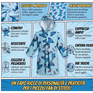 Accappatoio in Microfibra 100% Poliestere Stitch DISNEY Accappatoio con Cappuccio e Cintura - X-9961
