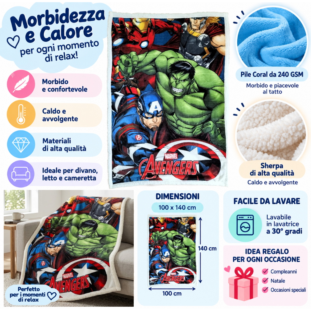 Plaid in Sherpa Avengers MARVEL Coperta Doppio Strato 100 X 140 CM Bambino - Je13517