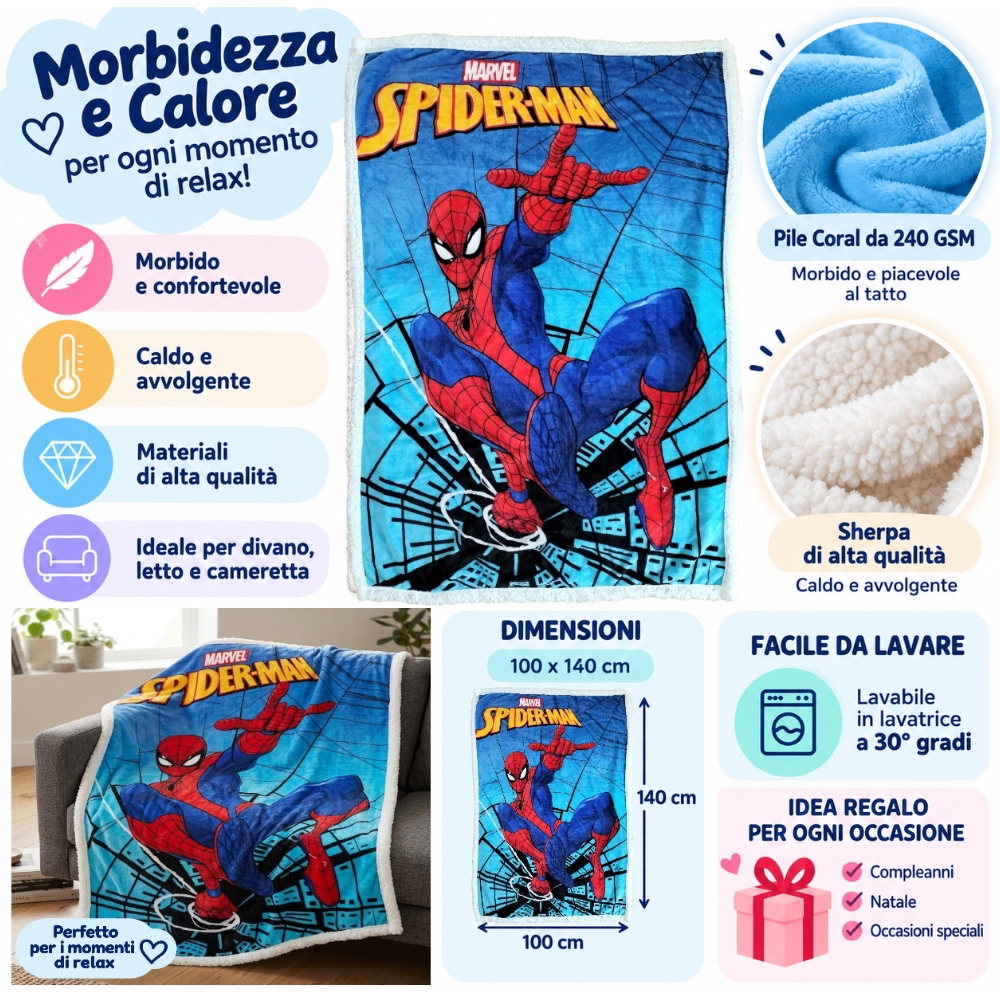 Plaid in Sherpa Spiderman MARVEL Coperta Doppio Strato 100 X 140 CM Bambino - Je13518