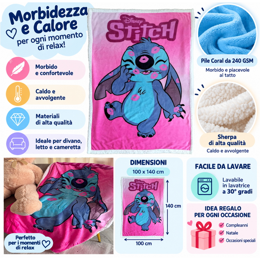 Plaid in Sherpa Stitch Rosa DISNEY Coperta Doppio Strato 100 X 140 CM Bambina - Je12442