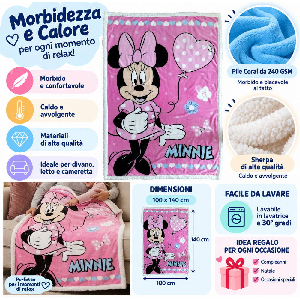 Plaid in Sherpa Minnie DISNEY Coperta Doppio Strato 100 X 140 CM Bambina - Je12441