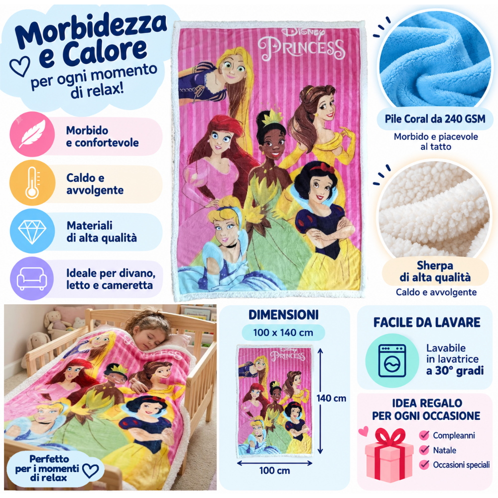Plaid in Sherpa Principesse DISNEY Coperta Doppio Strato 100 X 140 CM Bambina - Je13519