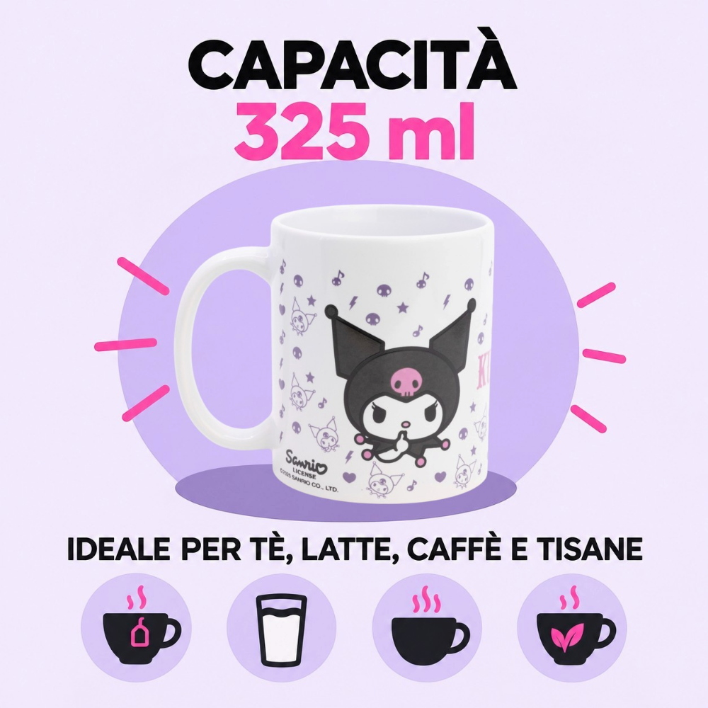 Tazza in Ceramica Kuromi Sanrio Modello Mug 325 Ml in Confezione - 86036
