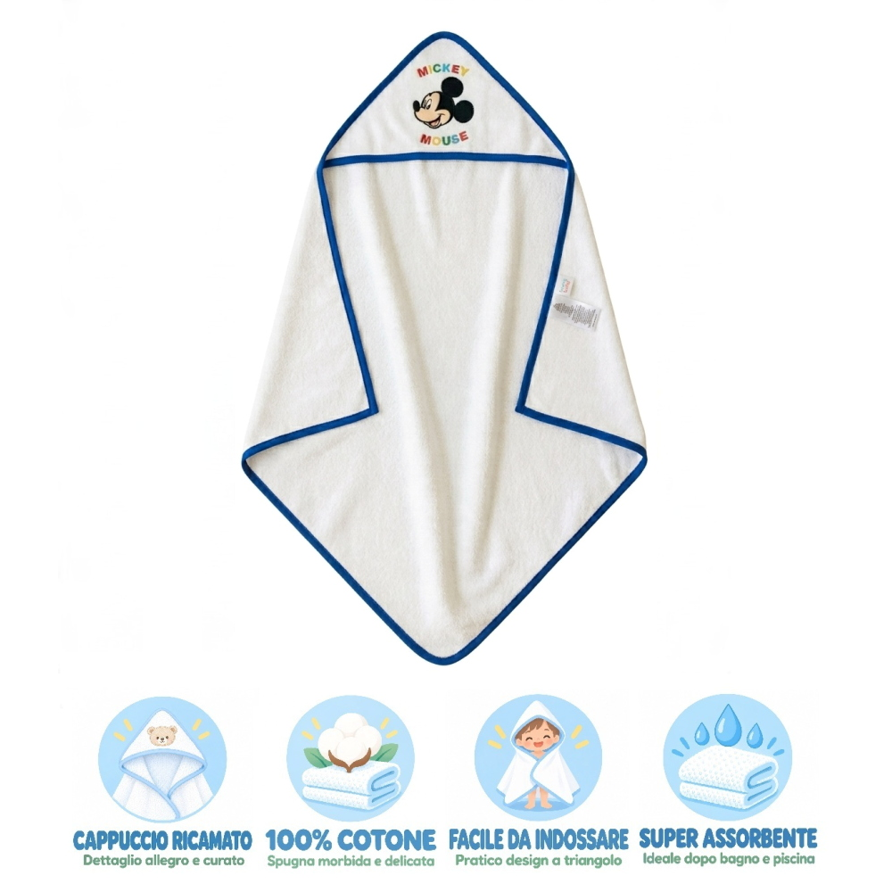 Accappatoio Triangolo Topolino Mickey Mouse DISNEY Neonato Bambino Asciugamano in Cotone - Mic1726/3