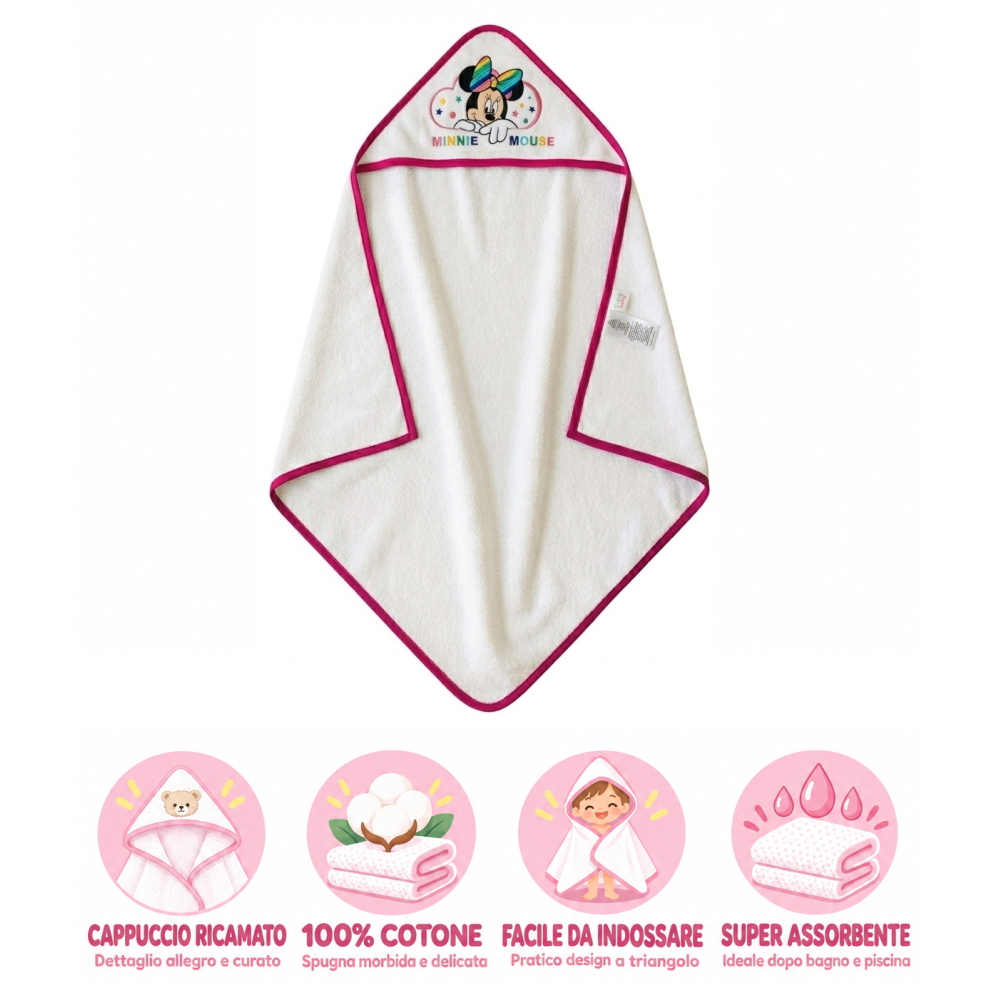 Accappatoio Triangolo Minnie Mouse DISNEY Neonato Bambina Asciugamano in Cotone - Min1727/2