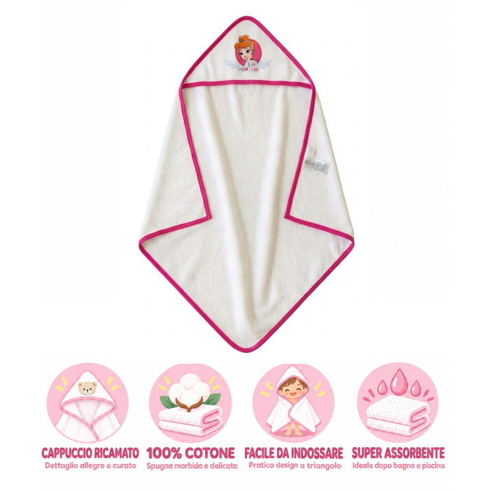 Accappatoio Triangolo Cenerentola Principesse DISNEY Neonata Bambina Asciugamano in Cotone - Pri1633rosascuro