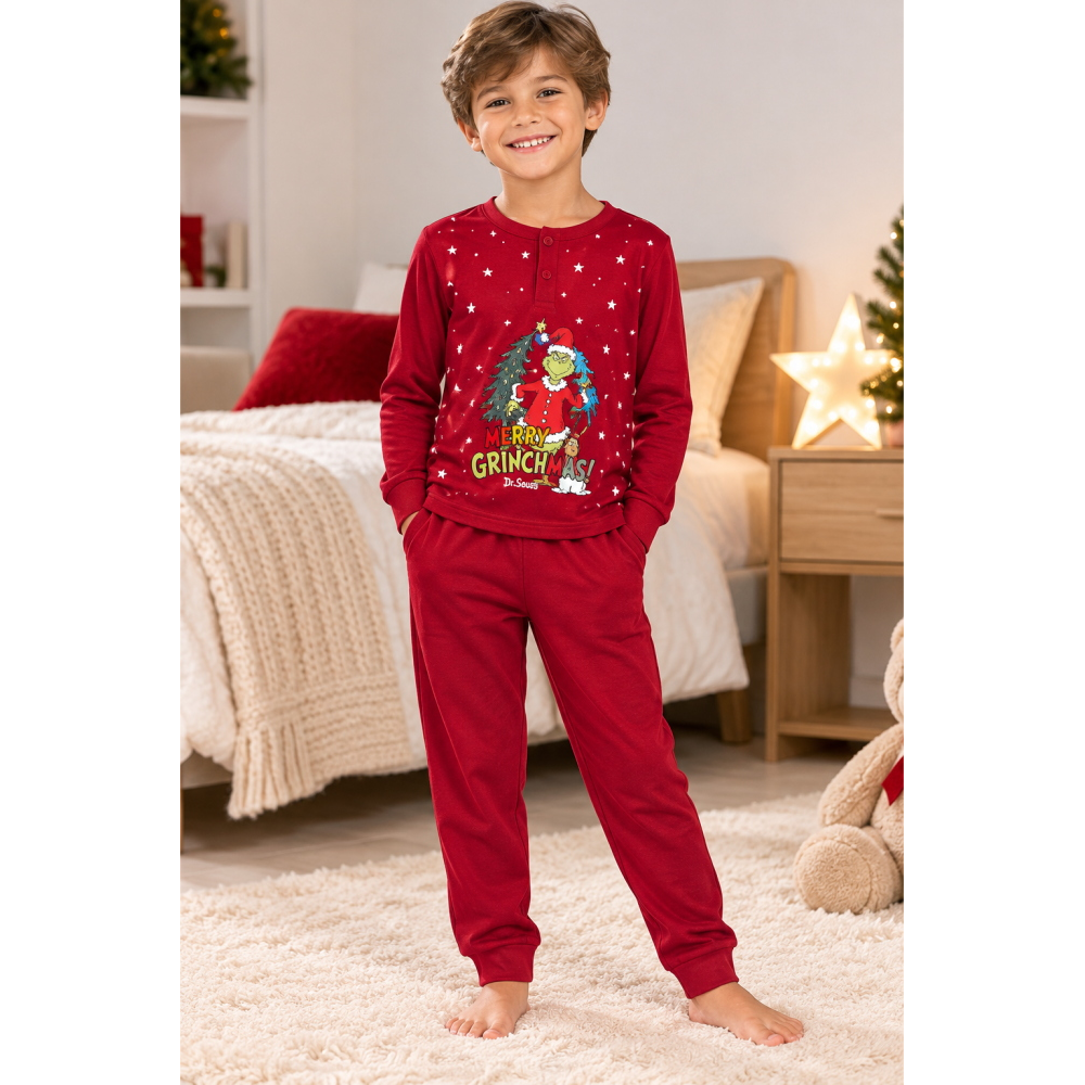 Pigiama Natalizio Grinch Completo in 100% Caldo Cotone Bambino - Gri1903