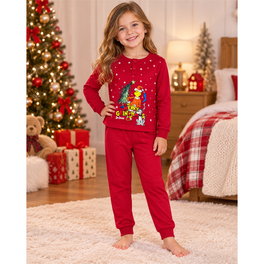 Pigiama Natalizio Grinch Completo in 100% Caldo Cotone Bambina - Gri1905