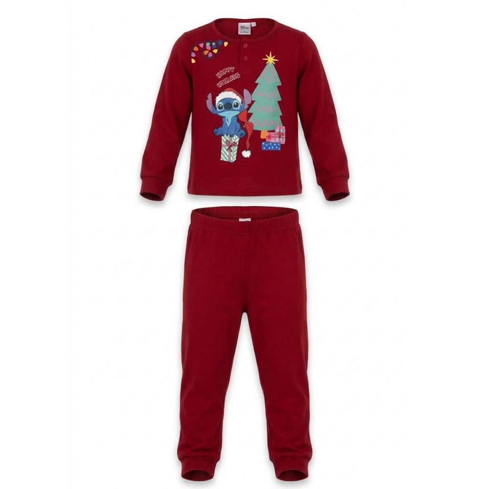 Pigiama Natalizio Stitch DISNEY Completo in 100% Caldo Cotone Bambina - Sti2005
