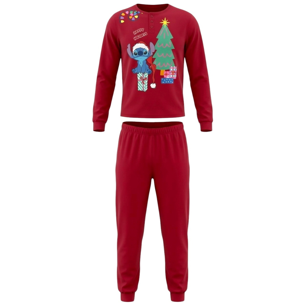 Pigiama Natalizio Stitch DISNEY Completo in 100% Caldo Cotone Uomo - Sti2006