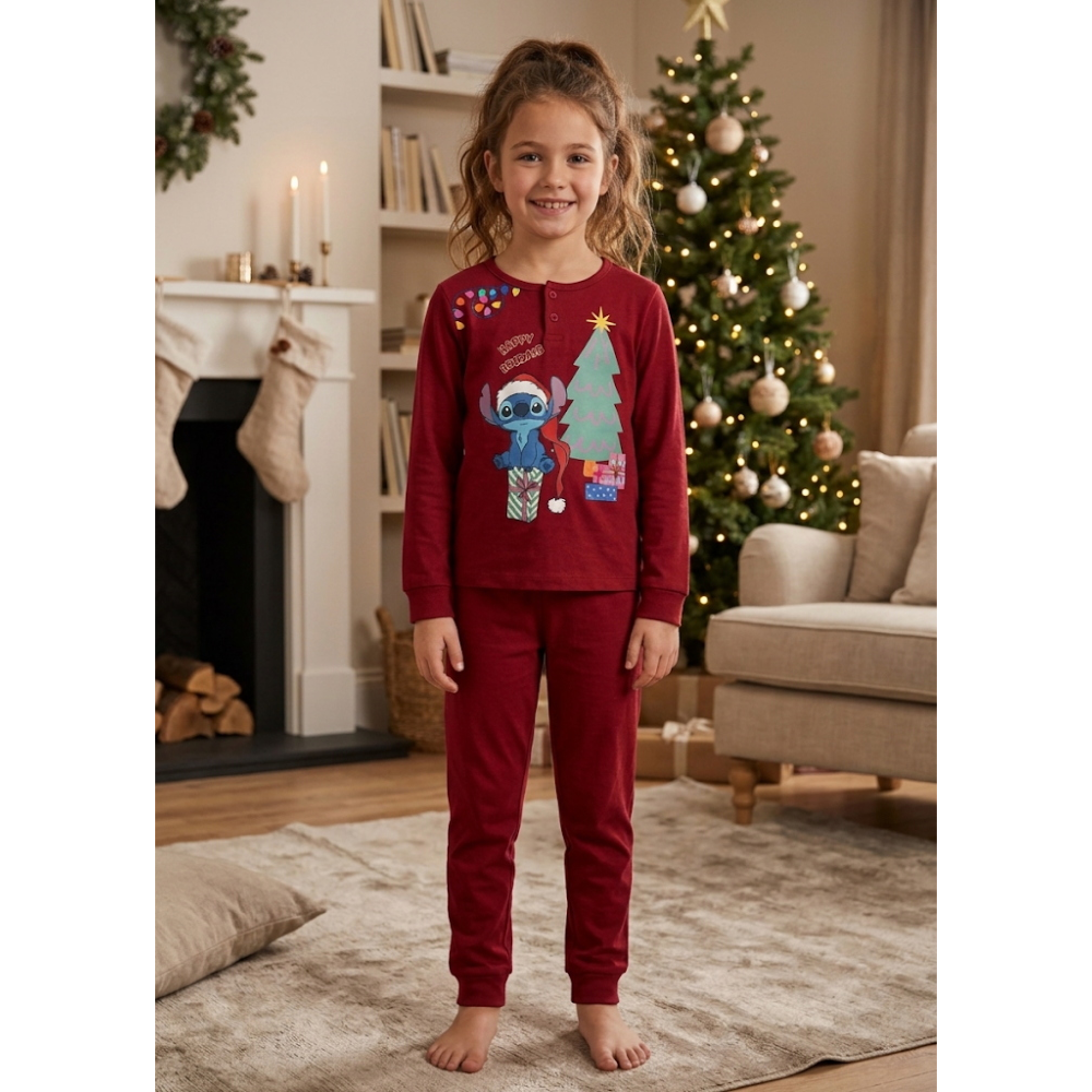 Pigiama Natalizio Stitch DISNEY Completo in 100% Caldo Cotone Bambina - Sti2005