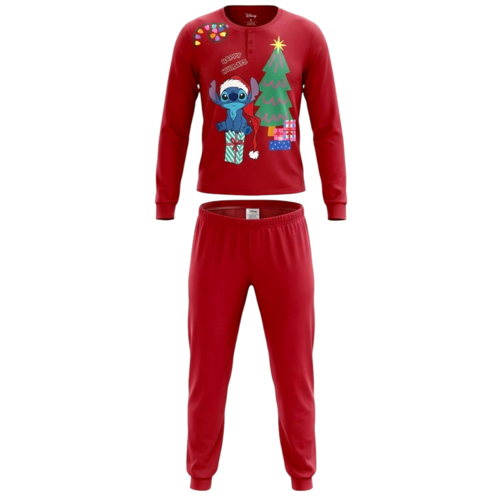 Pigiama Natalizio Stitch DISNEY Completo in 100% Caldo Cotone Donna - Sti2008