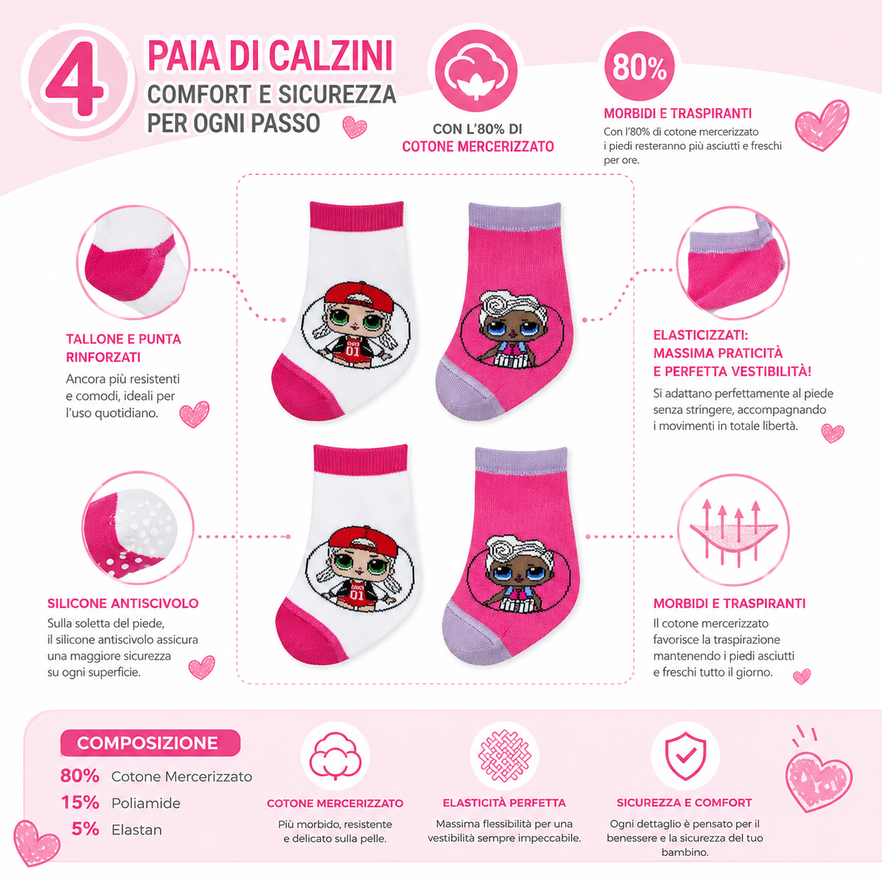 Calzini Antiscivolo Lol Surprise in Cotone Mercerizzato 4 Paia 2 Immagini 31/34  - Lol2606/mix34