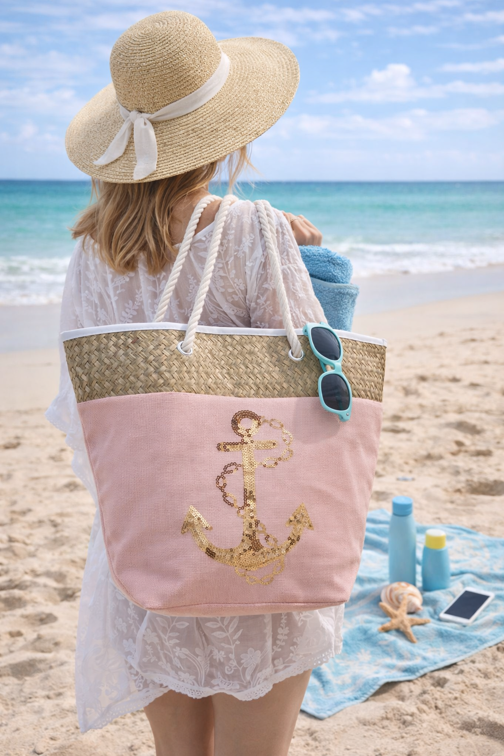Borsa Mare Ad Trend in Paglia Borsa Spiaggia Tempo Libero Paillettes 55 X 18 X H.41 CM - 66628/r