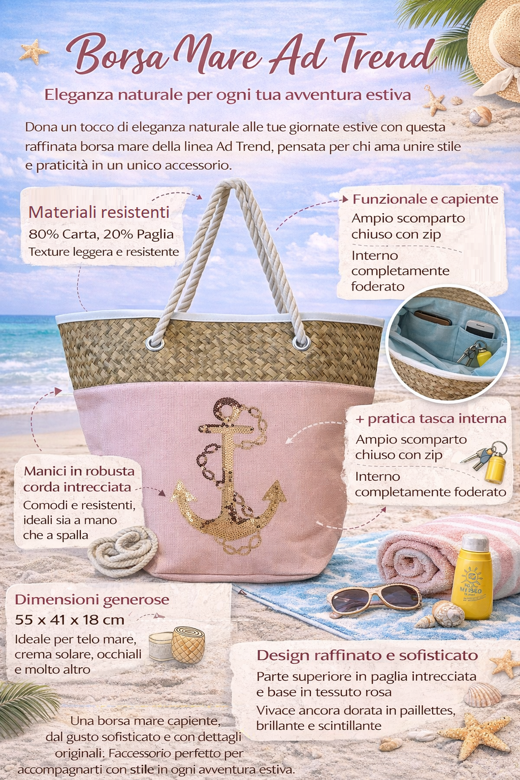 Borsa Mare Ad Trend in Paglia Borsa Spiaggia Tempo Libero Paillettes 55 X 18 X H.41 CM - 66628/r
