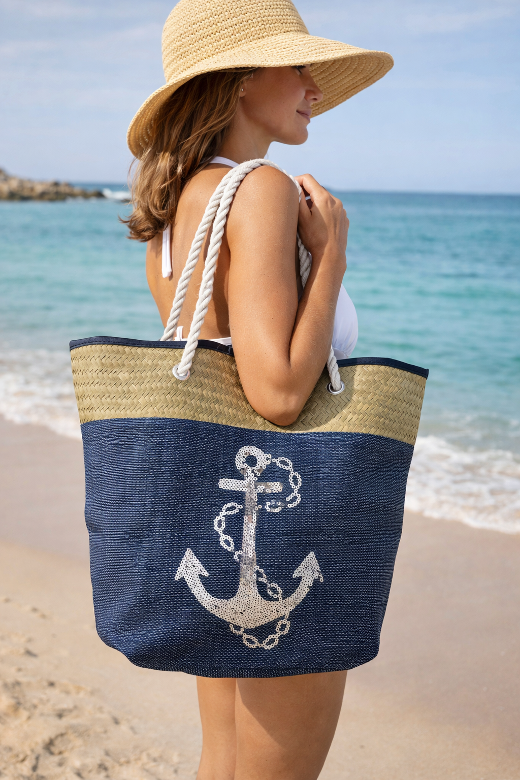 Borsa Mare Ad Trend in Paglia Borsa Spiaggia Tempo Libero Paillettes 55 X 18 X H.41 CM - 66628/b