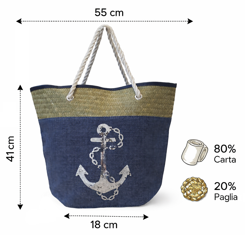 Borsa Mare Ad Trend in Paglia Borsa Spiaggia Tempo Libero Paillettes 55 X 18 X H.41 CM - 66628/b