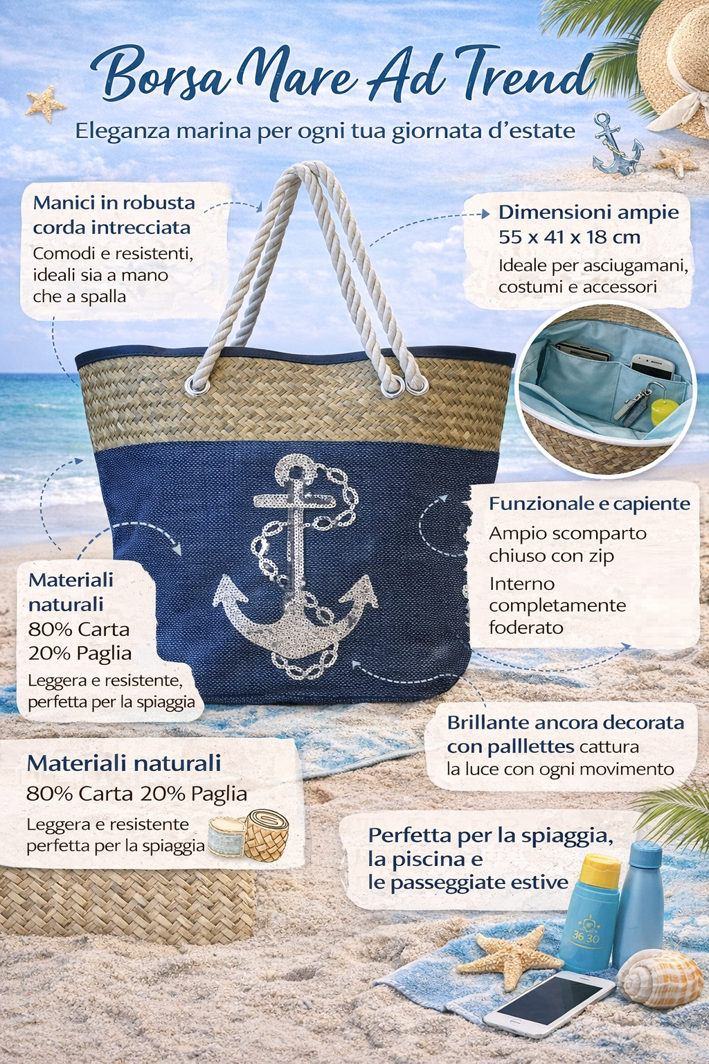 Borsa Mare Ad Trend in Paglia Borsa Spiaggia Tempo Libero Paillettes 55 X 18 X H.41 CM - 66628/b